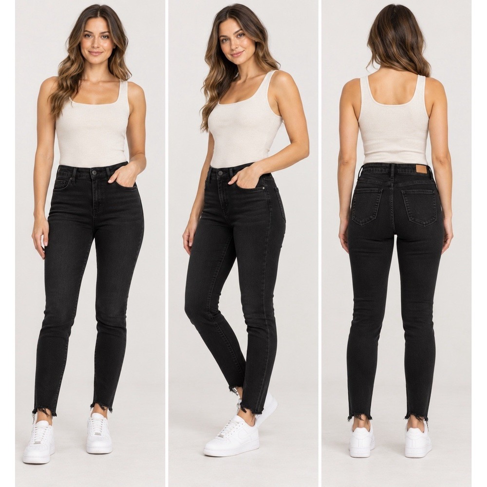 Judy Blue Women's 7/28 Black High Rise Skinny Jeans Raw Hem Stretch Distressed